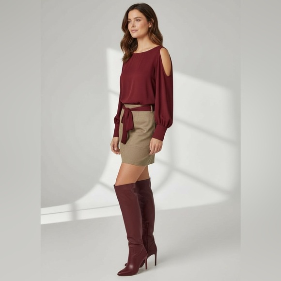 Bloomingdale's Dresses & Skirts - Burgundy Sheer Tan Suede Long Sleeve Dress